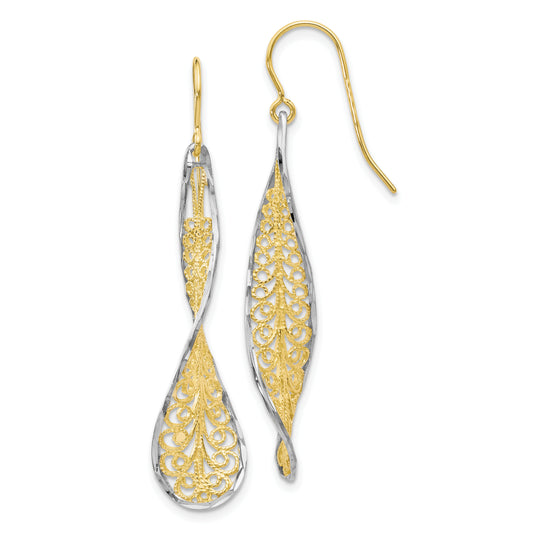 10K Two-Tone D/C Dangle Shepherd Hook Earrings