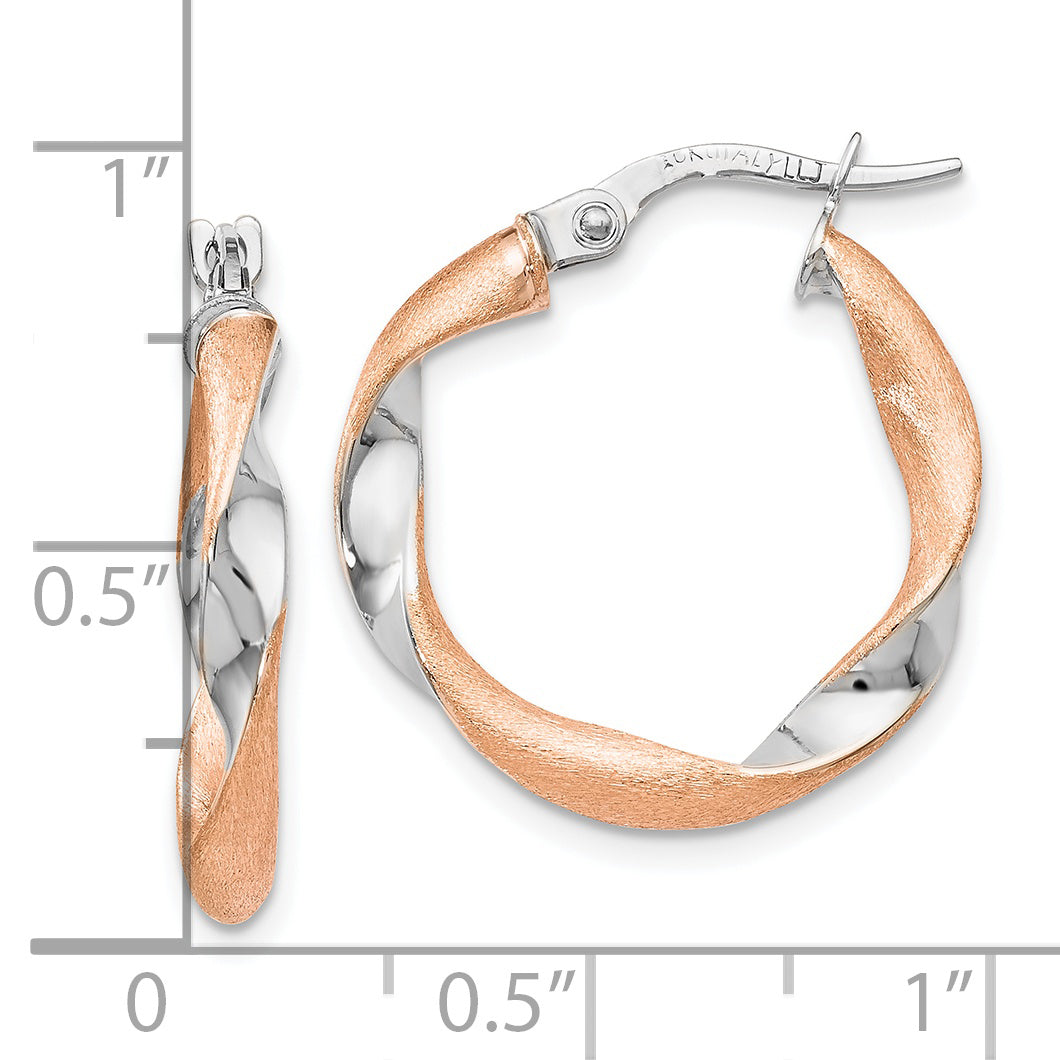 10K Yellow W/Rhodium With White Rhodium And Rose Gold Plating Twisted Hoop Earrings