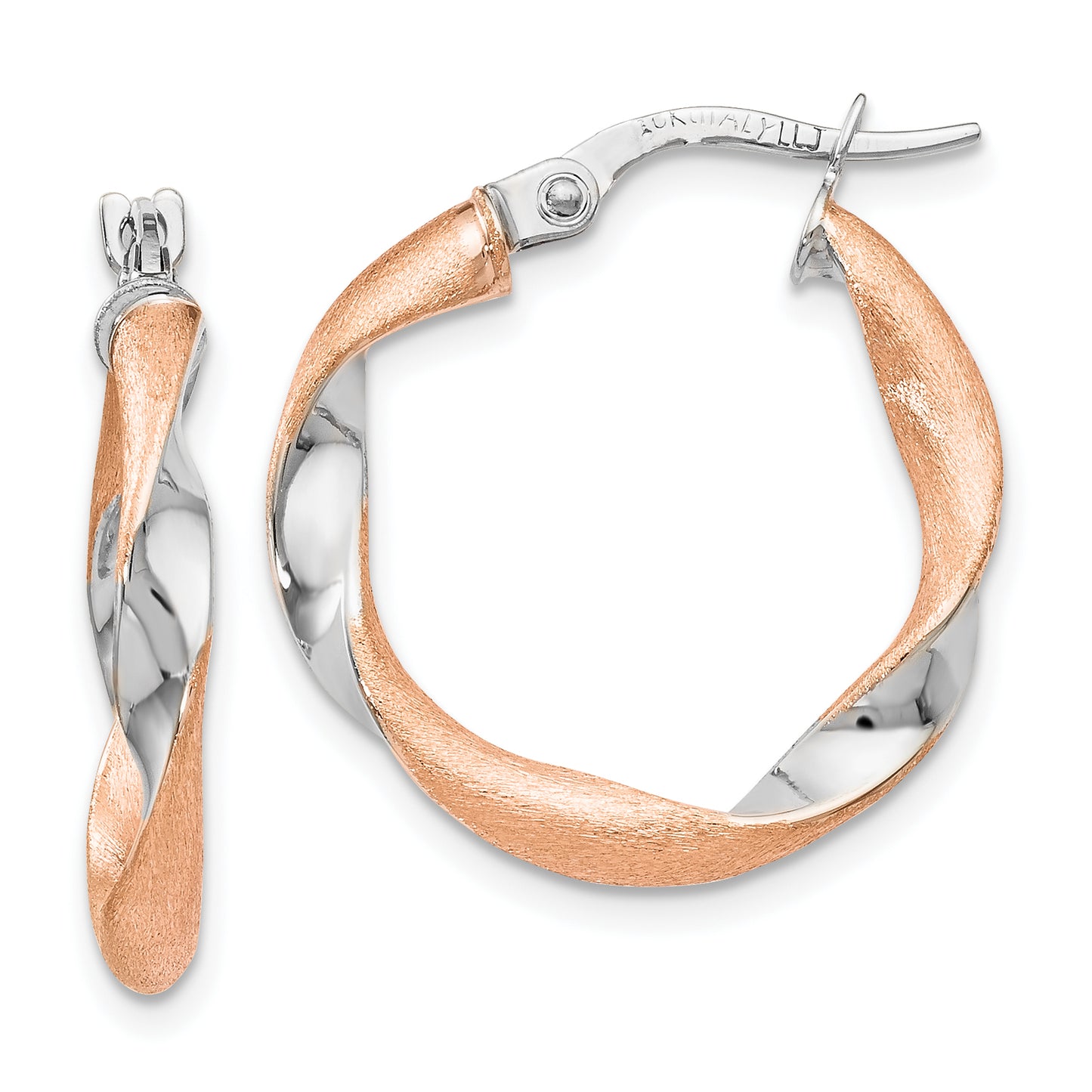 10K Yellow W/Rhodium With White Rhodium And Rose Gold Plating Twisted Hoop Earrings