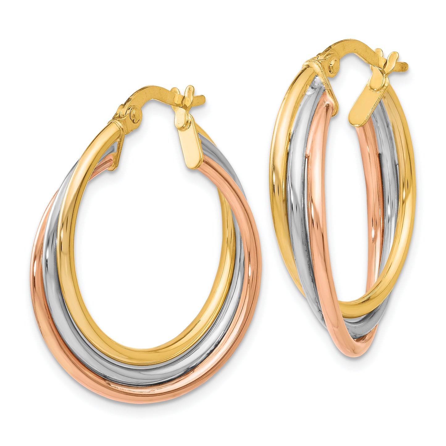 10K Tri Color Tri-Color Polished And Textured Twisted Hoop Earrings