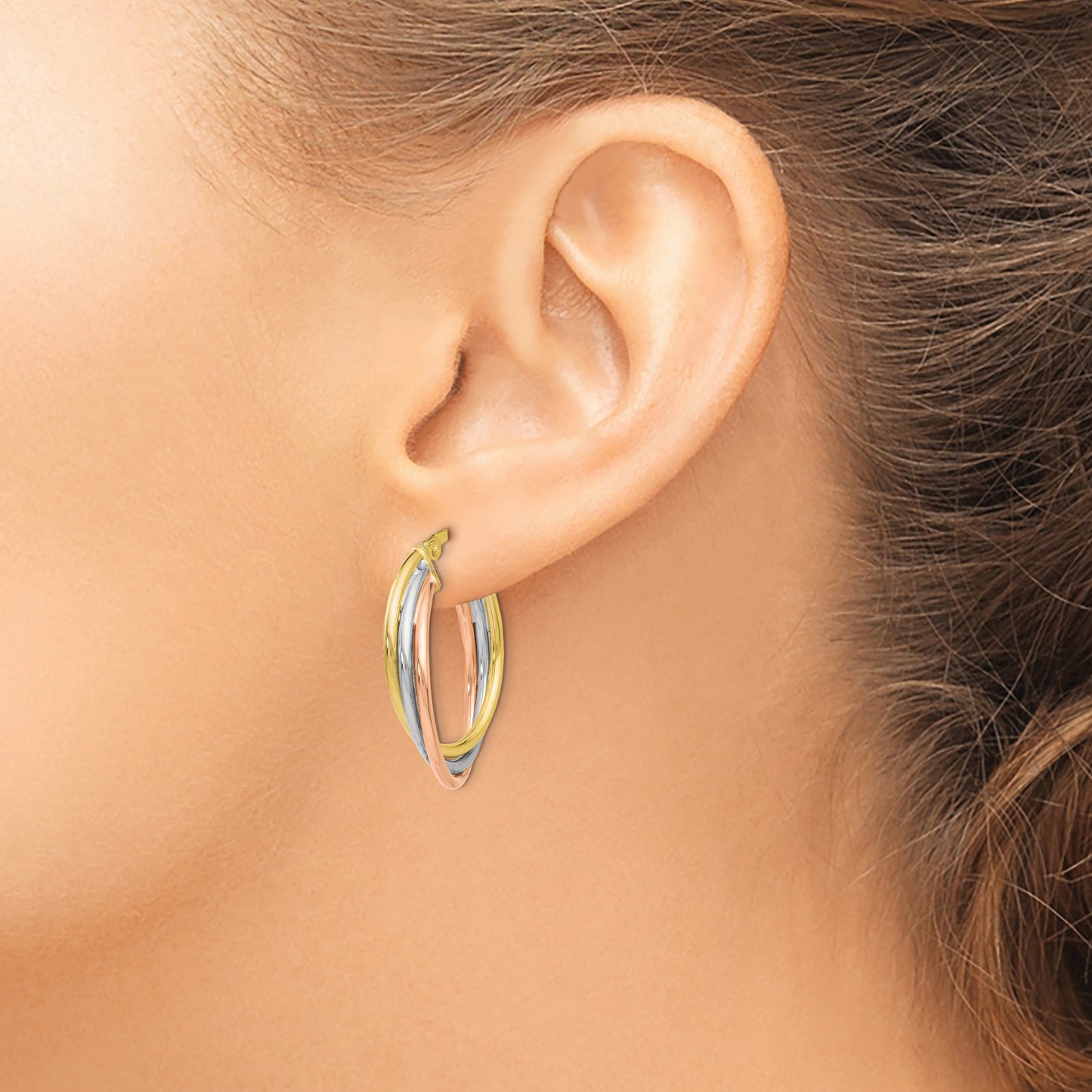 10K Tri Color Tri-Color Polished And Textured Twisted Hoop Earrings