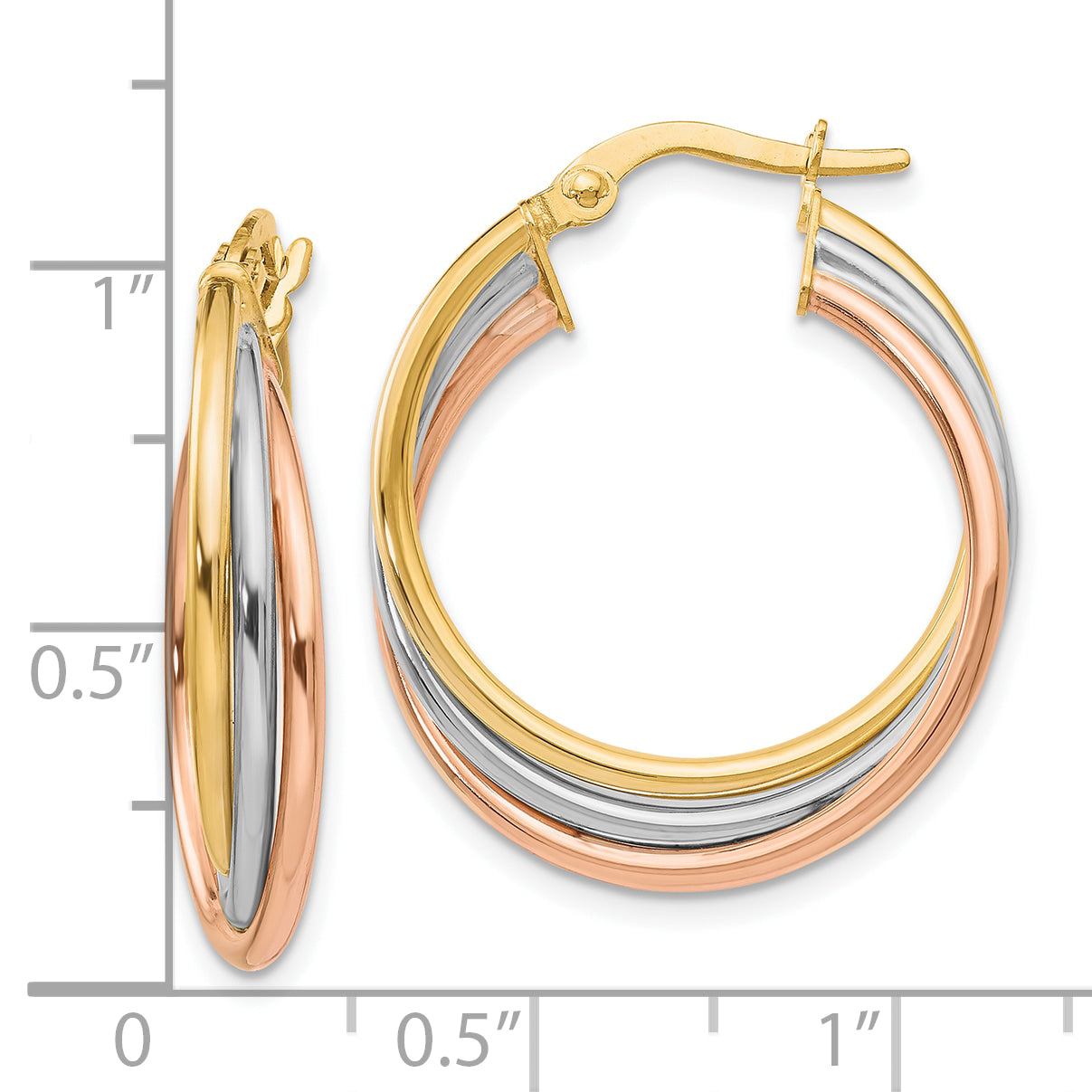 10K Tri Color Tri-Color Polished And Textured Twisted Hoop Earrings