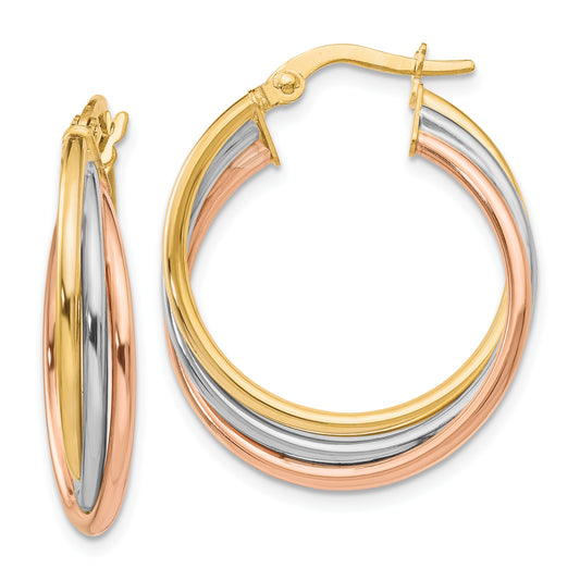 10K Tri Color Tri-Color Polished And Textured Twisted Hoop Earrings