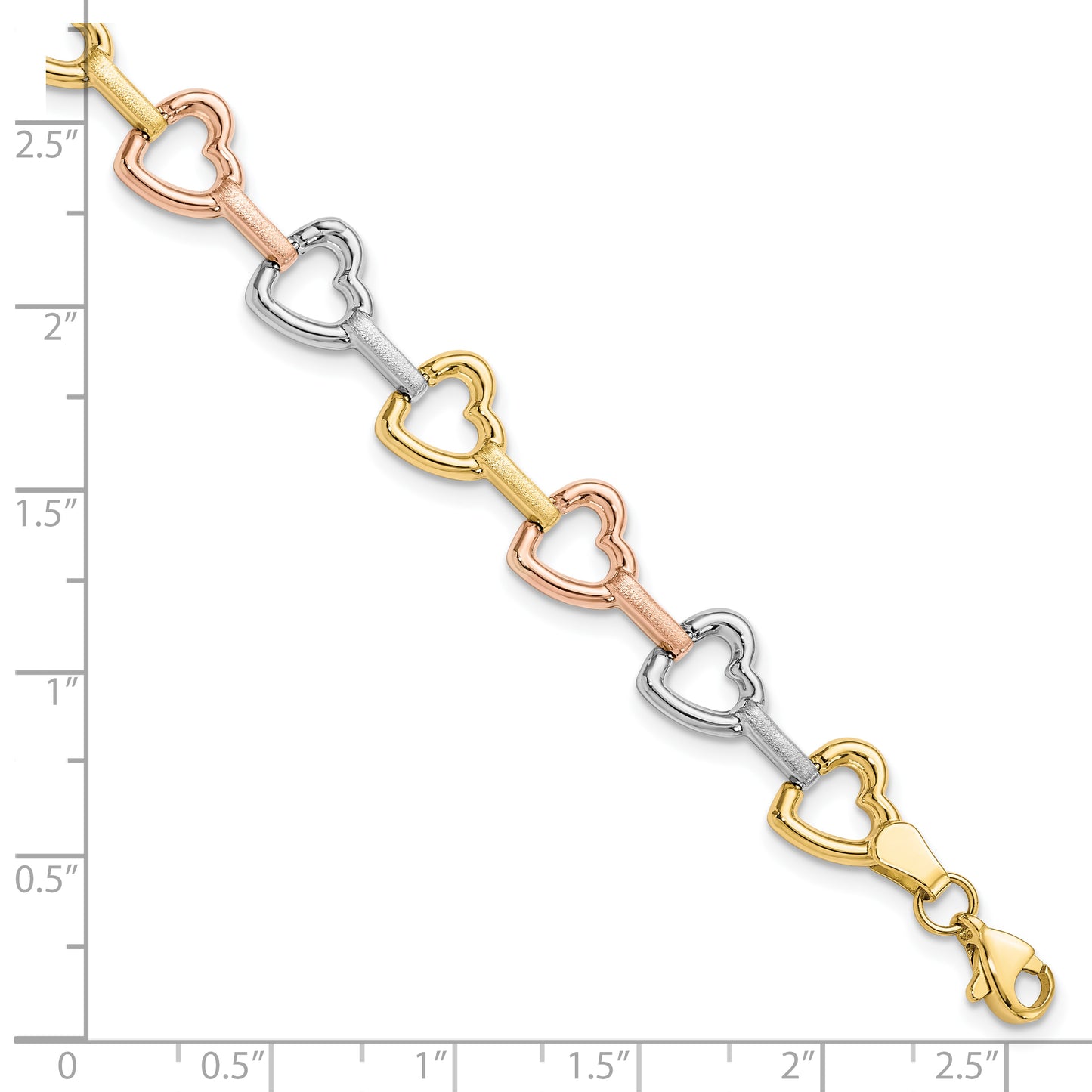 7.5 Inch 10K Tri-Color Heart Bracelet