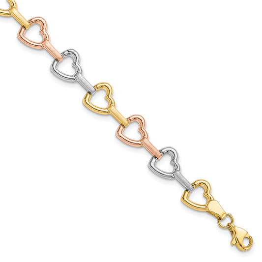 7.5 Inch 10K Tri-Color Heart Bracelet