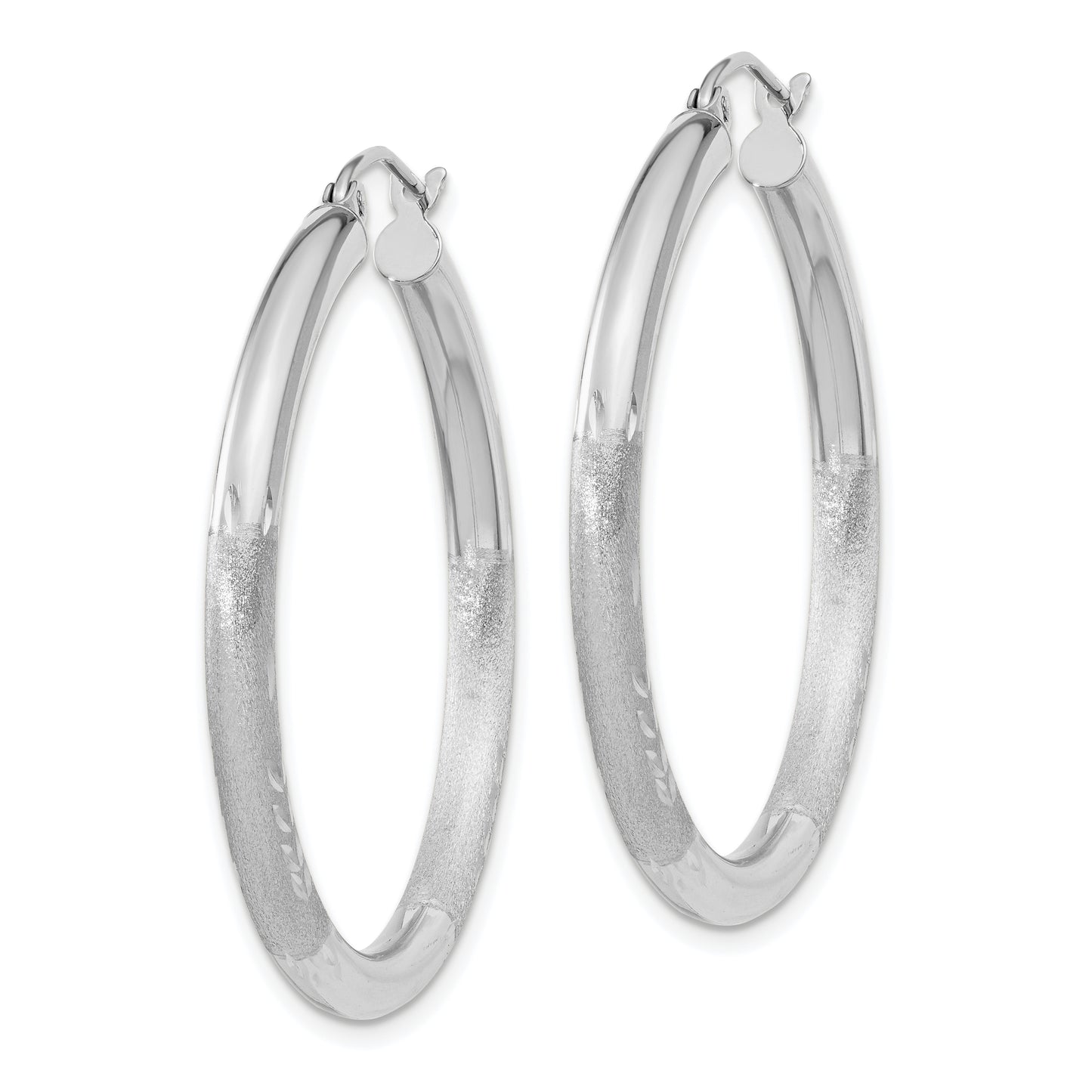 10K White Gold Satin & Diamond-Cut 3mm Round Hoop Earrings