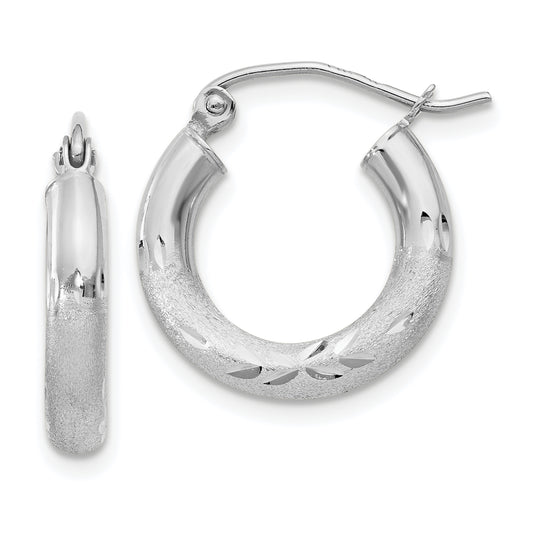 10K White Gold Satin & Diamond-Cut 3mm Round Hoop Earrings