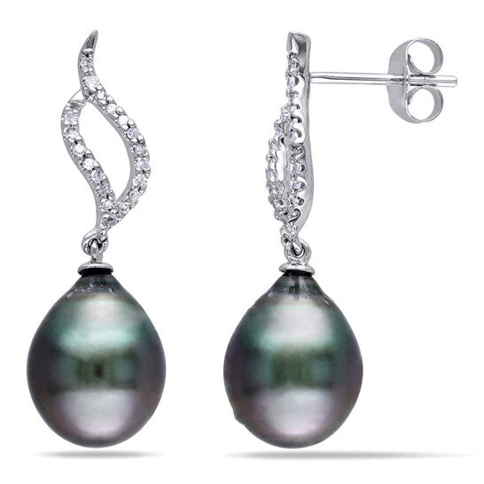 Original AMOUR 9 - 9.5 Mm Black Tahitian Cultured Pearl and 1/10 CT TW Diamond Flame Drop Earrings In 10K White Gold