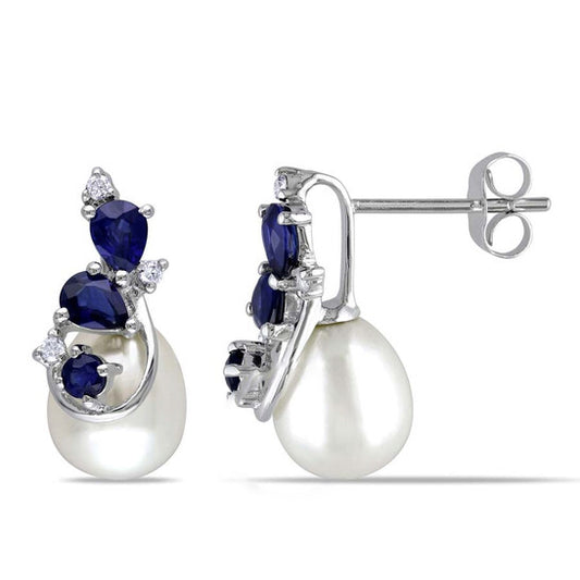 Original AMOUR 7.5 - 8 Mm White Cultured Freshwater Pearl Earrings with Diamonds and Sapphire In 10K White Gold