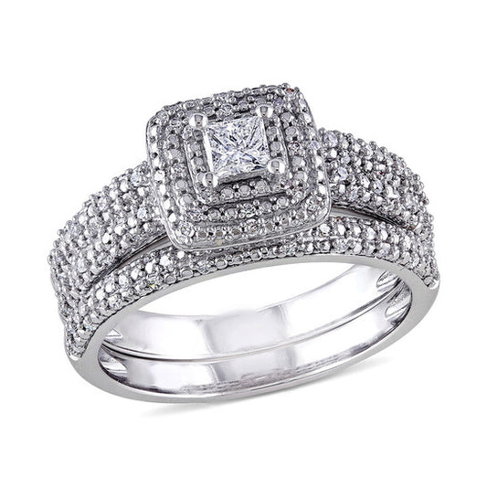 Original 1/2 CT Princess and Round Diamonds TW Bridal Set Ring  14k White Gold GH I1;I2