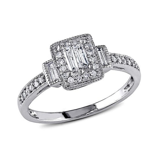 Original 1/3 CT Parallel Baguette and Round Diamonds TW Engagement Ring  10k White Gold GH I1;I2