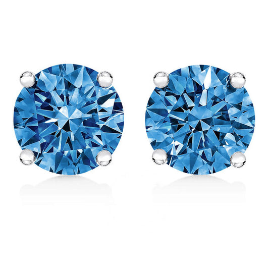 Original 14K White Gold 1.0 Cttw Round Brilliant Cut Lab Grown Blue Diamond 4-Prong Classic Solitaire Stud Earrings (Blue Color, VVS2-VS1 Clarity)