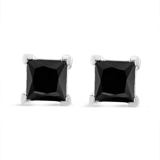 Original 14K White Gold 1.00 Cttw Princess-Cut Treated Black Diamond Classic 4-Prong Stud Earrings with Screw Backs (Fancy Color-Enhanced)