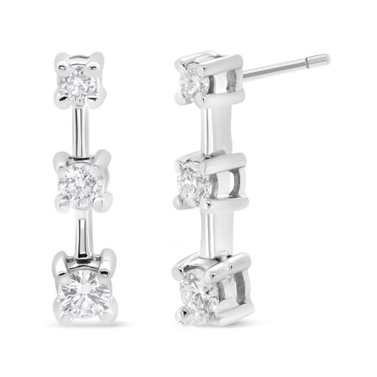 Original 14K White Gold 1/2 Cttw Round Diamond 3 Stone Graduated Linear Drop Past, Present and Future Stud Earrings (H-I Color, SI1-SI2 Clarity)