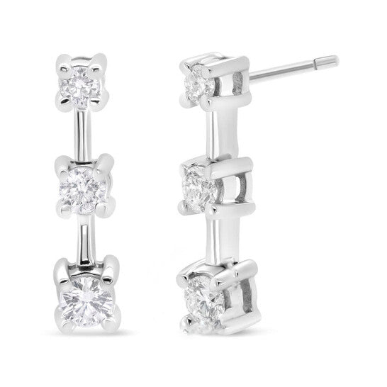 Original 14K White Gold 1/4 Cttw Round Diamond 3 Stone Graduated Linear Drop Past, Present and Future Stud Earrings (H-I Color, SI1-SI2 Clarity)