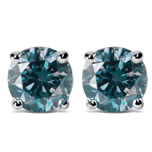 Original 14K White Gold 2.00 Cttw Round Brilliant-Cut Lab Grown Blue Diamond Classic 4-Prong Stud Earrings with Screw Backs (VS1-VS2 Clarity)