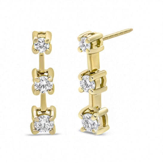 Original 14K Yellow Gold 1.0 Cttw Round Diamond 3 Stone Graduated Linear Drop Past, Present and Future Stud Earrings (J-K Color, SI1-SI2 Clarity)