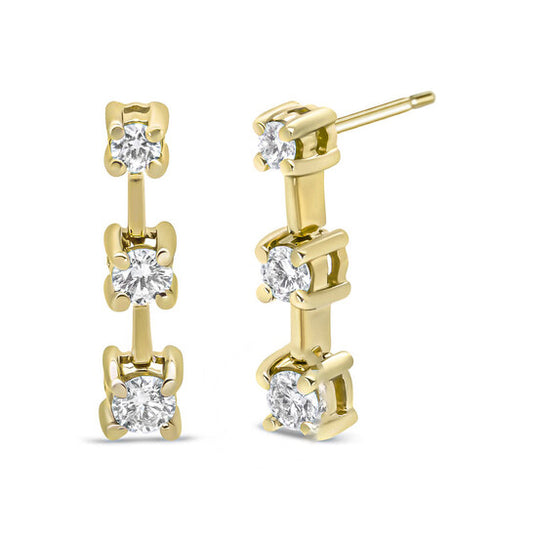 Original 14K Yellow Gold 1/2 Cttw Round Diamond 3 Stone Graduated Linear Drop Past, Present and Future Stud Earrings (H-I Color, SI1-SI2 Clarity)