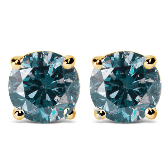 Original 14K Yellow Gold 2.00 Cttw Round Brilliant-Cut Lab Grown Blue Diamond Classic 4-Prong Stud Earrings with Screw Backs (VS1-VS2 Clarity)