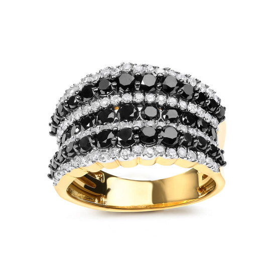 Original 14K Yellow Gold Plated .925 Sterling Silver 1 3/4 Cttw Treated Black and White Alternating Diamond Multi Row Band Ring (Black / I-J, I2-I3)