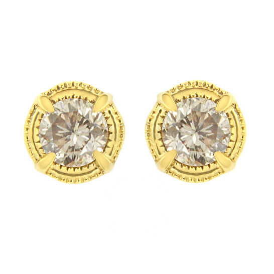 Original 14K Yellow Gold Plated .925 Sterling Silver 1 cttw Diamond Modern 4-Prong Solitaire Milgrain Stud Earrings (K-L Color, I2-I3 Clarity)