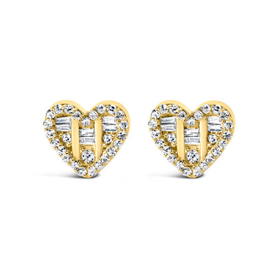 Original 14K Yellow Gold Plated .925 Sterling Silver 1/2 Cttw Round and Baguette Diamond Composite Heart Shaped Stud Earring (I-J Color, SI2-I1 Clarity)