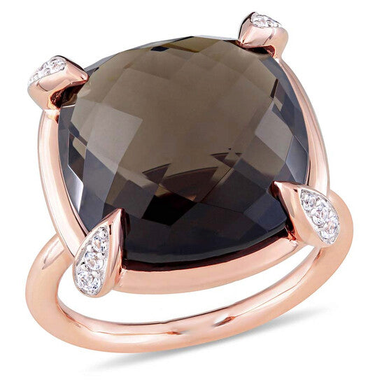 Original 15 1/8 CT TGW Checkerboard-Cut Smokey Quartz and White Sapphire Cocktail Ring in 14k Rose Gold