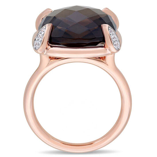 Original 15 1/8 CT TGW Checkerboard-Cut Smokey Quartz and White Sapphire Cocktail Ring in 14k Rose Gold