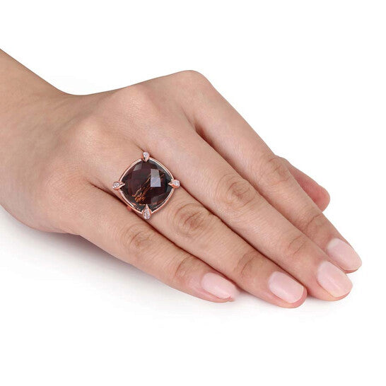 Original 15 1/8 CT TGW Checkerboard-Cut Smokey Quartz and White Sapphire Cocktail Ring in 14k Rose Gold