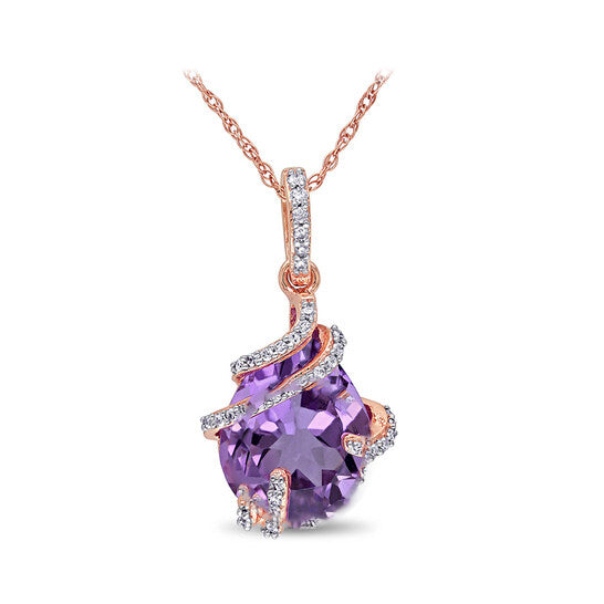 Original AMOUR 1/8 CT TW Diamond and 4 CT TGW Amethyst Solitaire Swirl Pendant with Chain In 10K Rose Gold