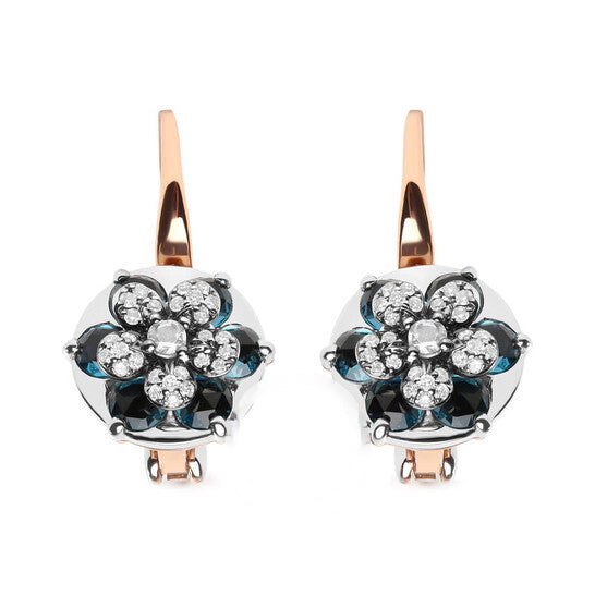 Original 18K Rose and White Gold 1/3 Cttw Round Diamonds and Round London Blue Topaz Gemstone Cluster Floral Drop Hoop Earrings