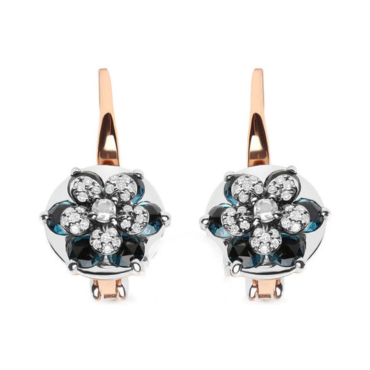 Original 18K Rose and White Gold 1/3 Cttw Round Diamonds and Round London Blue Topaz Gemstone Cluster Floral Drop Hoop Earrings