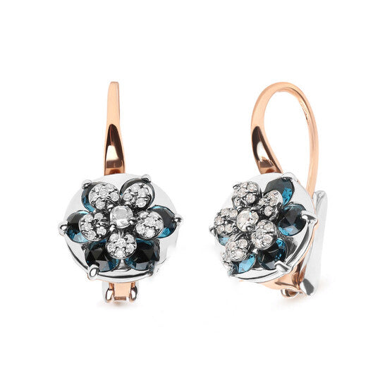 Original 18K Rose and White Gold 1/3 Cttw Round Diamonds and Round London Blue Topaz Gemstone Cluster Floral Drop Hoop Earrings