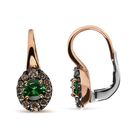 Original 18K Rose and White Gold 3/8 Cttw Round Brown Diamonds and Round Green Tsavorite Gemstone Halo Drop Hoop Earrings