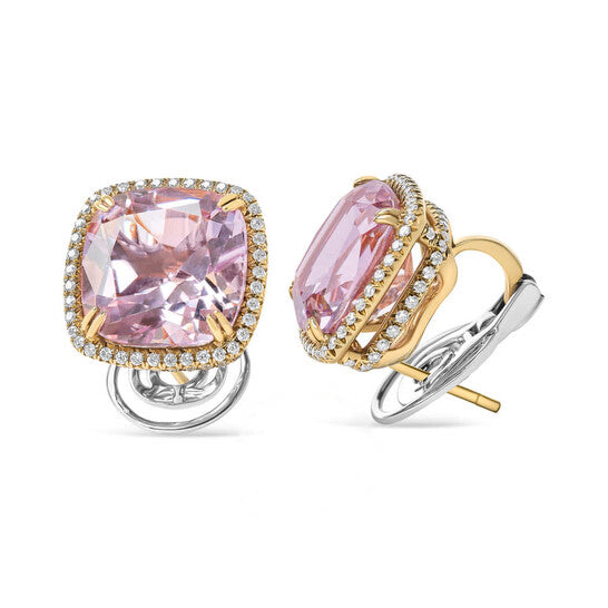 Original 18K Rose and White Gold 9/10 Cttw Round Diamond and 15mm Cushion Cut Rose De France Pink Amethyst Gemstone Clip On Stud Earring