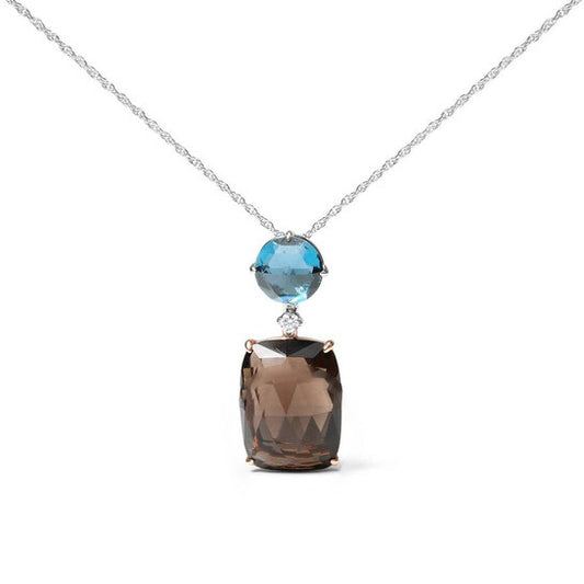 Original 18K Rose and White Gold Diamond Accent and London Blue Topaz and Cushion Cut Smoky Quartz Gemstone Dangle Drop 18" Necklace