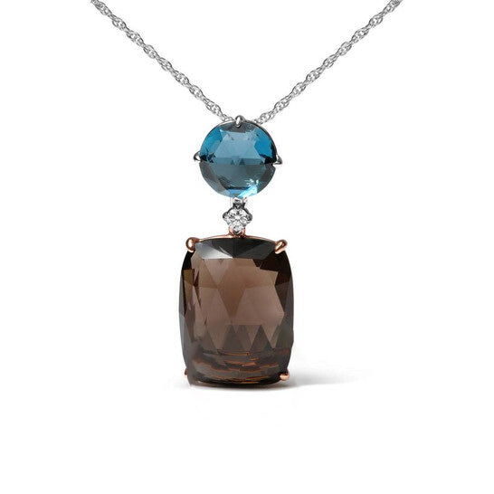 Original 18K Rose and White Gold Diamond Accent and London Blue Topaz and Cushion Cut Smoky Quartz Gemstone Dangle Drop 18" Necklace