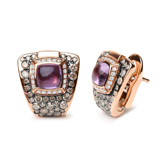 Original 18K Rose Gold 1 1/2 Cttw Round Diamond and 7mm Cushion Cut Purple Amethyst Gemstone Geometrical Statement Stud Earrings (G-H, SI1-SI2)