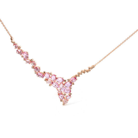 Original 18K Rose Gold 1/2 Cttw Brown Diamond & Multi-Size Oval Pink Sapphire Cluster Cascade Statement Station Necklace (Brown,SI1-SI2)