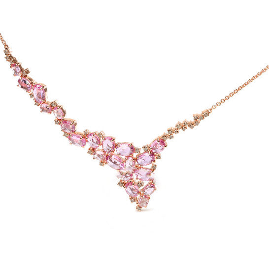 Original 18K Rose Gold 1/2 Cttw Brown Diamond & Multi-Size Oval Pink Sapphire Cluster Cascade Statement Station Necklace (Brown,SI1-SI2)