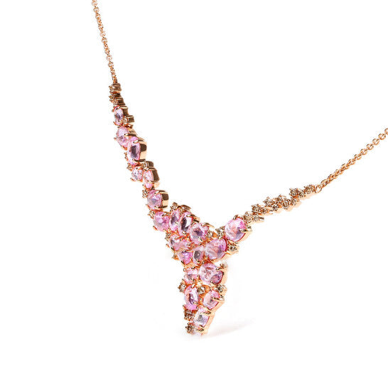 Original 18K Rose Gold 1/2 Cttw Brown Diamond & Multi-Size Oval Pink Sapphire Cluster Cascade Statement Station Necklace (Brown,SI1-SI2)