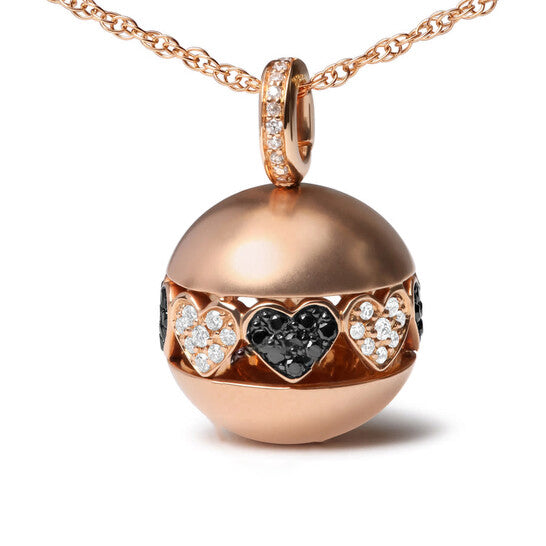 Original 18K Rose Gold 3/8 Cttw Black and White Diamond Ball with Filigree Heart and Cluster Design 18" Pendant Necklace