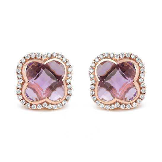 Original 18K Rose Gold 3/8 Cttw Diamond and 11x11mm Clover-Cut Purple Amethyst Gemstone Clover Halo Stud Earrings (G-H Color, SI1-SI2 Clarity)