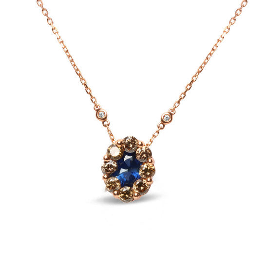 Original 18K Rose Gold 5/8 Cttw White and Brown Diamond Accent & 7x4mm Blue Sapphire Gemstone Statement Halo Cluster Pendant Necklace