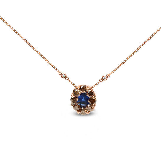 Original 18K Rose Gold 5/8 Cttw White and Brown Diamond Accent & 7x4mm Blue Sapphire Gemstone Statement Halo Cluster Pendant Necklace