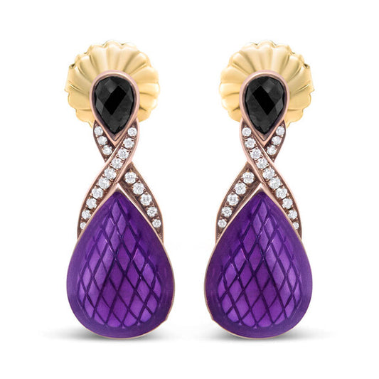 Original 18K Rose Gold Flash Plated .925 Sterling Silver Purple Enamel 1/5 Cttw Diamond and 5.5 x 4mm Pear-Shaped Black Onyx Drop Earrings