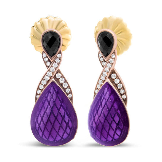 Original 18K Rose Gold Flash Plated .925 Sterling Silver Purple Enamel 1/5 Cttw Diamond and 5.5 x 4mm Pear-Shaped Black Onyx Drop Earrings