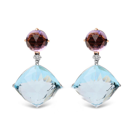 Original 18K White and Rose Gold 1/5 Cttw Diamond with Pink Rose De France Amethyst and 25mm Cushion Cut Sky Blue Topaz Gemstone Dangle Earring