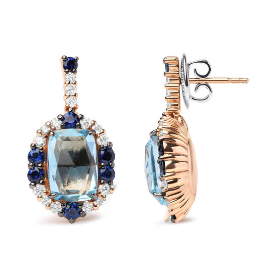 Original 18K White and Rose Gold and 3/4 Cttw Diamond with Blue Sapphire and 13x8mm Cushion Cut Sky Blue Topaz Gemstone Cluster Dangle Earrings