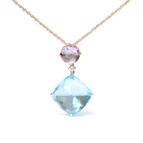 Original 18K White and Rose Gold Round Diamond Accent & Rose De France Pink Amethyst & Cushion Cut Sky Blue Topaz Dangle Drop 18" Necklace